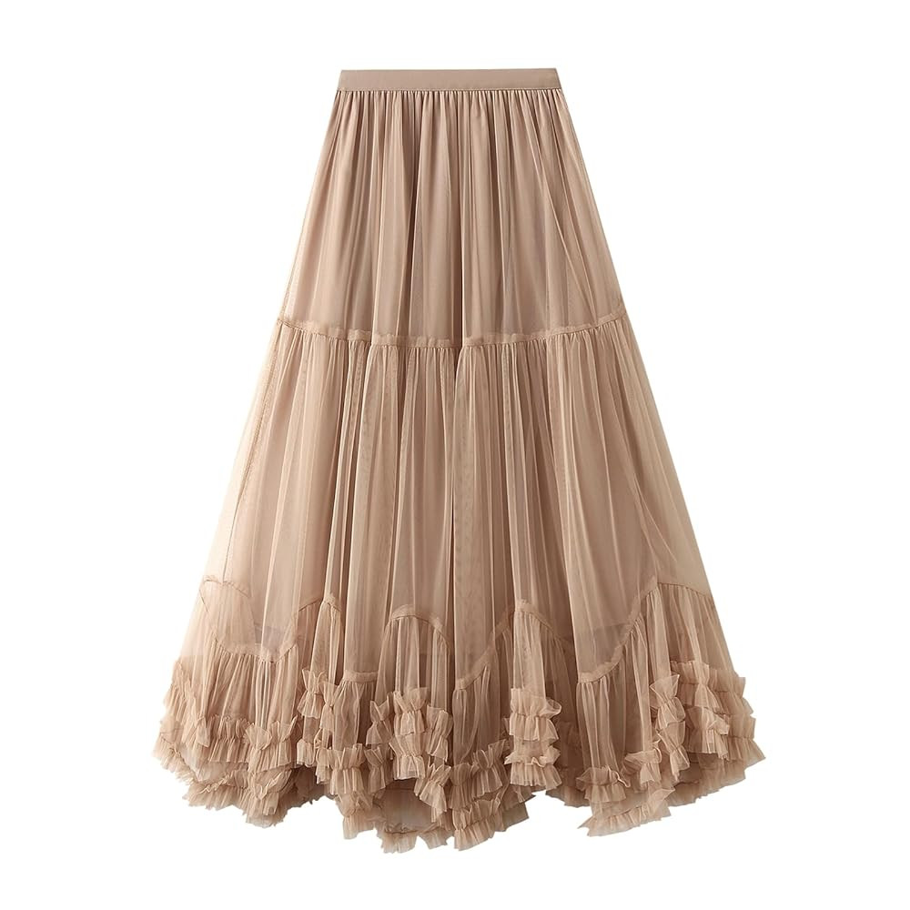 Women Layered Tulle Long Skirt UK Ladies Fashion High Waist Solid Color Frill Trim Ruffle Midi Sk... | Amazon (UK)