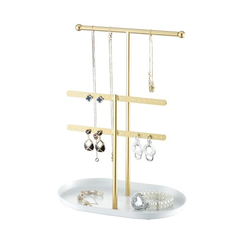 Elegant Jewelry holder Organizer 2-Tier Display Storage Stand for Earrings Necklaces with Ring Tray Spacious and Durable, Easy to Assemble White & Gold | Amazon (US)