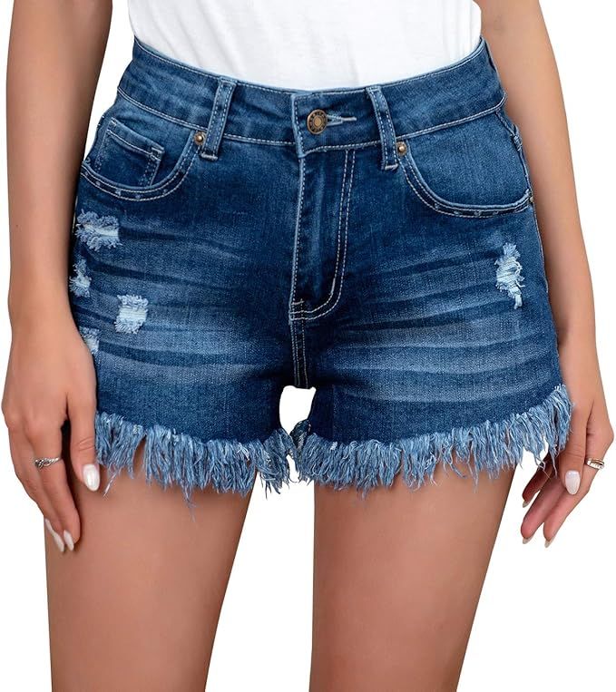 IWOLLENCE Women's Frayed Raw Hem Casual Denim Shorts Ripped Short Jeans with Pockets | Amazon (US)