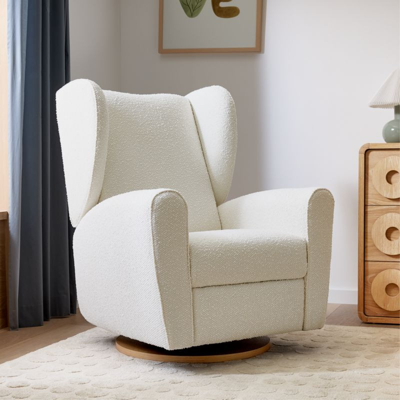 Seesaw Cream Boucle Electronic Swivel Glider Power Recliner Nursery Chair with Natural Wood Base ... | Crate & Barrel