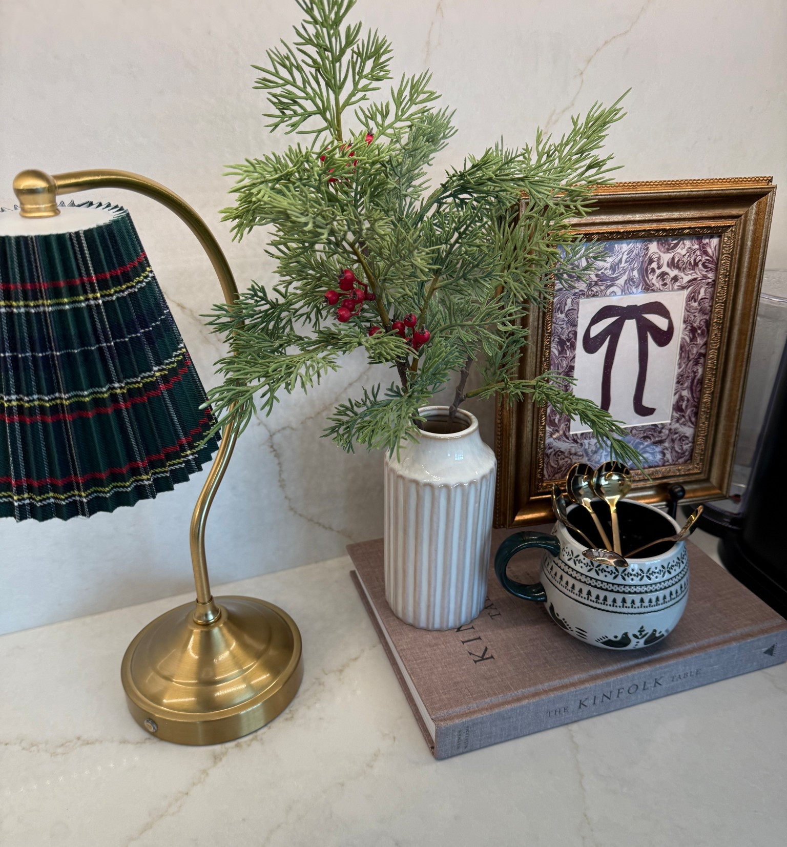 Winter coffee bar! Bow framed pictures, cook books! 

#LTKSeasonal #LTKHome