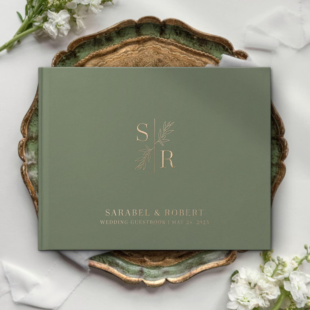 Minimalist Wedding Guest Book, Green Personalized Guestbook, Hardcover Photo Album, Modern Gold F... | Etsy (US)