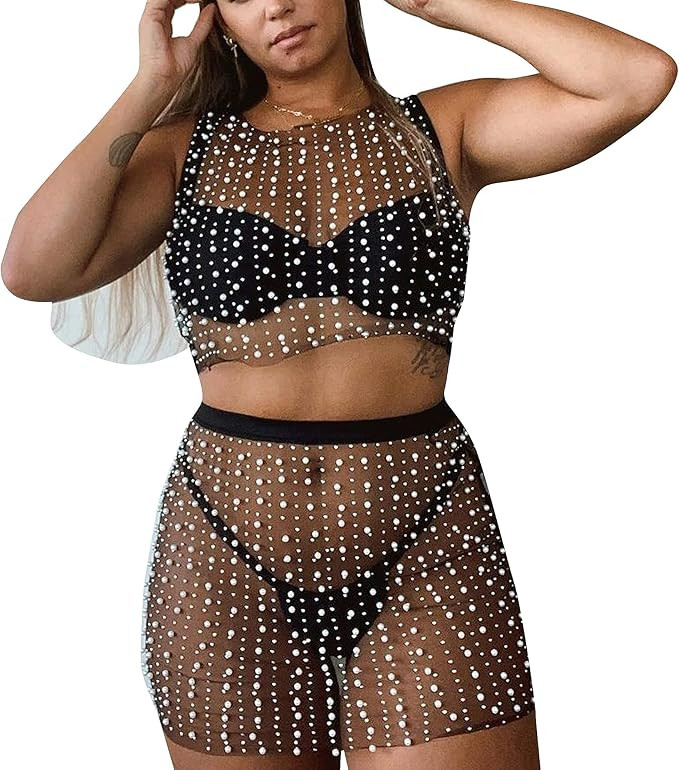 Women's Tank Top Mini Skirt Set 2 Piece Swimsuit Pearl Rhinestone Bikini Cover Up Sheer Beach Swi... | Amazon (US)