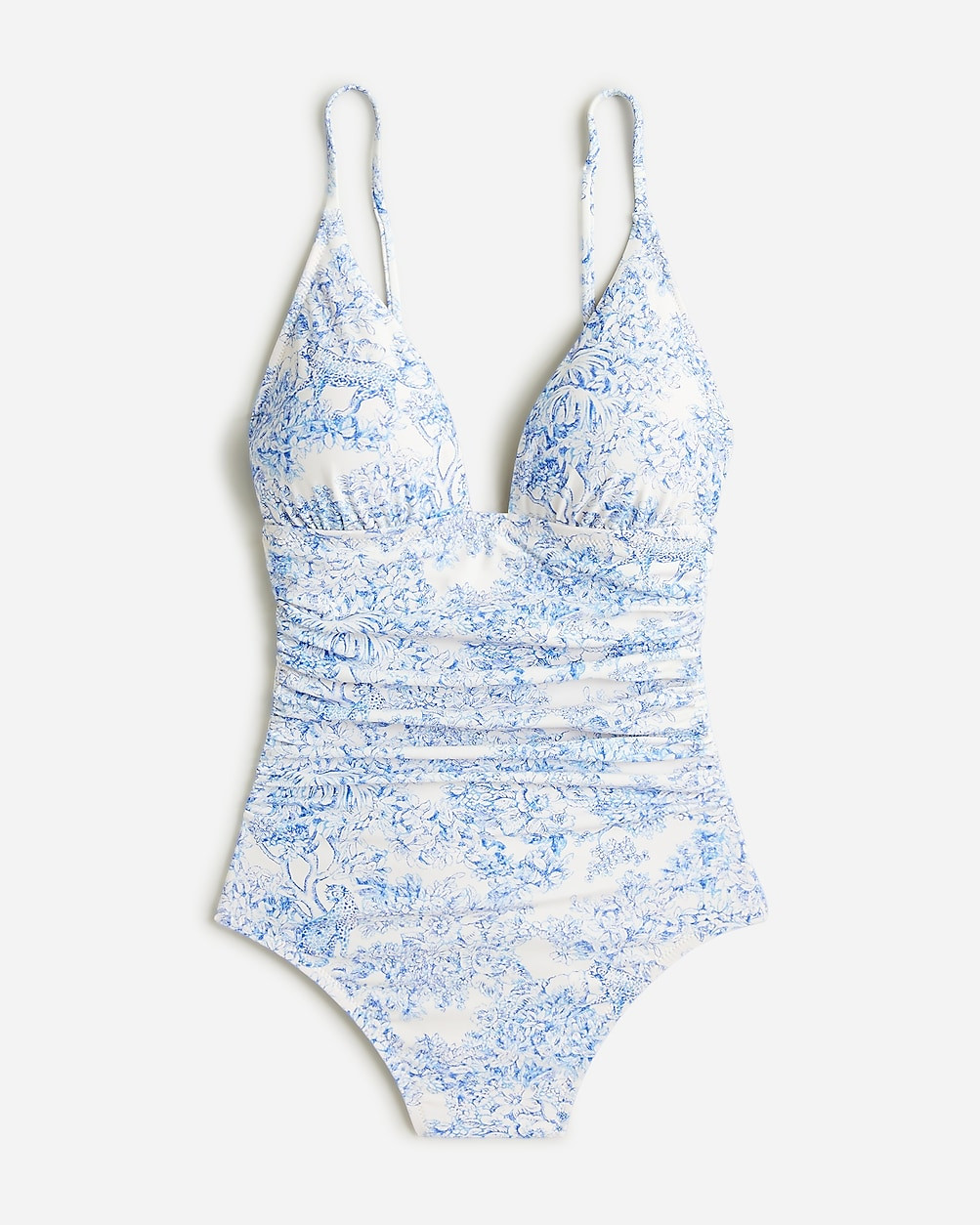 Ruched plunge one-piece swimsuit in blue toile | J. Crew US