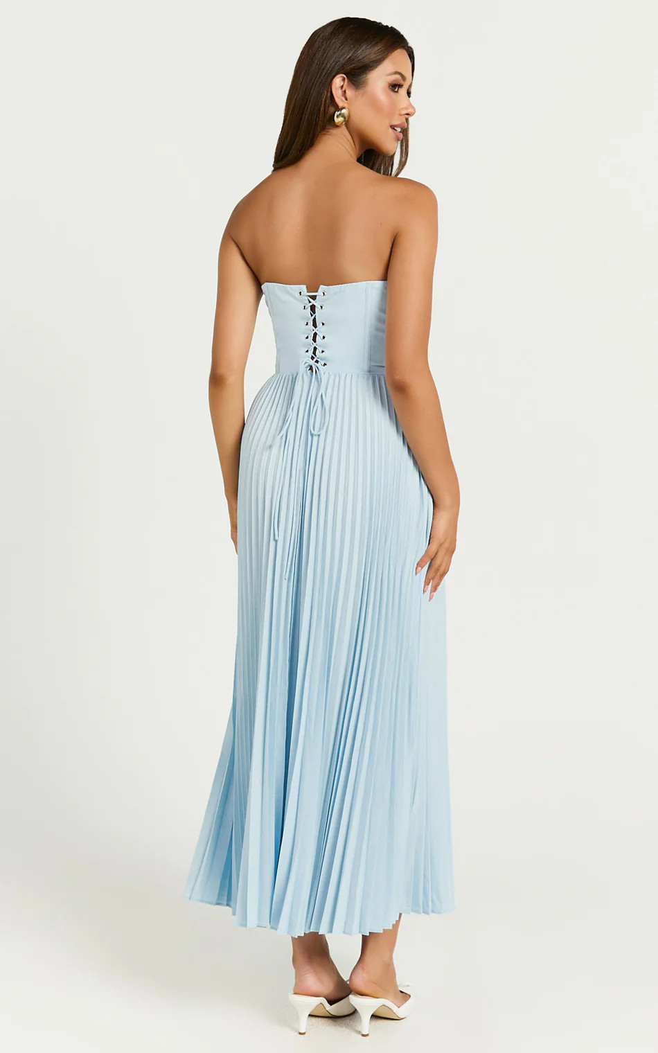 Loretta Midi Dress - Lace Up Back Bustier Pleated Dress in Light Blue | Showpo (US, UK & Europe)