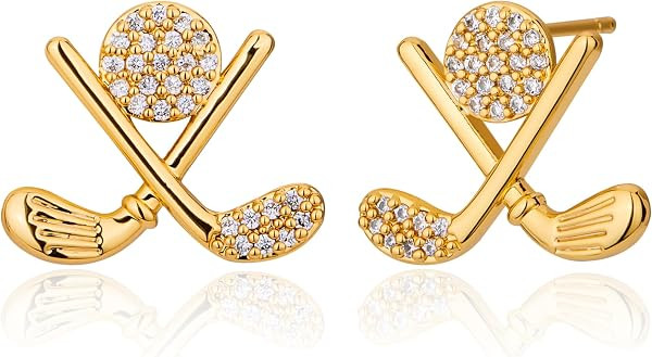 Golf Stud Earrings for Women, Gold Plated Hypoallergenic Flat Back Cubic Zirconia Sports Jewelry,... | Amazon (US)