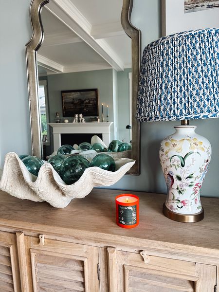Pleated patterned shade, similar floral lamp, similar clam shell and floats, candle 

#LTKSeasonal #LTKstyletip #LTKhome