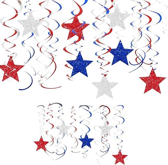 AnyDesign 40Pcs Patriotic Hanging Swirls Decor Double-Sided Glitter Red Blue Silver Stars Hanging... | Amazon (US)