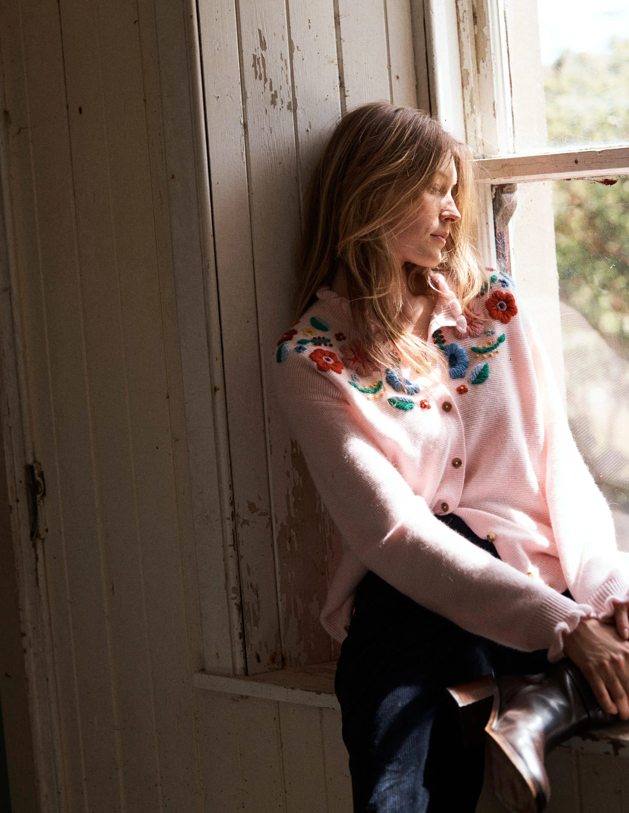 Embroidered Frill Cardigan-Blooming Pink | Boden (US)