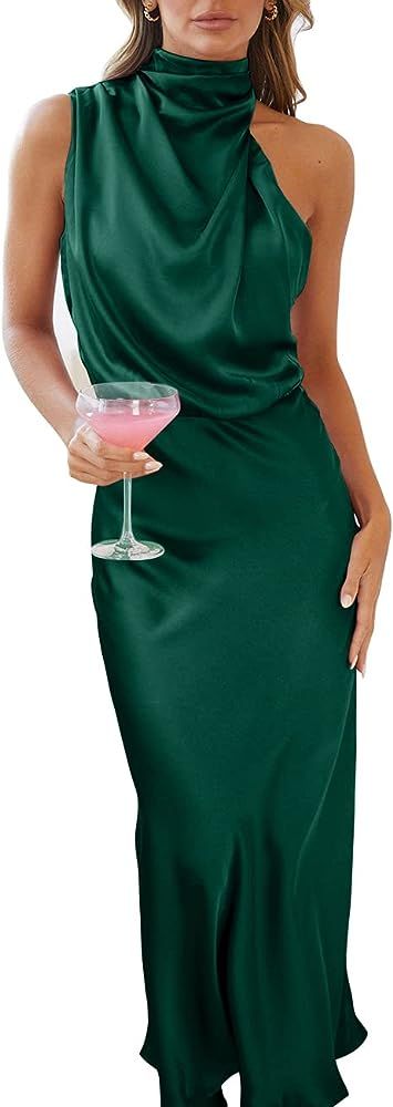 Womens Summer Satin Dress Elegant Formal Dress Sleeveless Ruched Long Dress for Ladies Cocktail P... | Amazon (US)