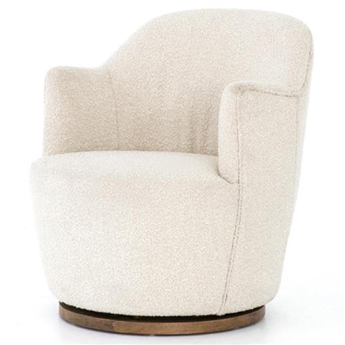 Samuel Modern Classic Beige Boucle Upholstered Brown Wood Swivel Arm Chair | Kathy Kuo Home