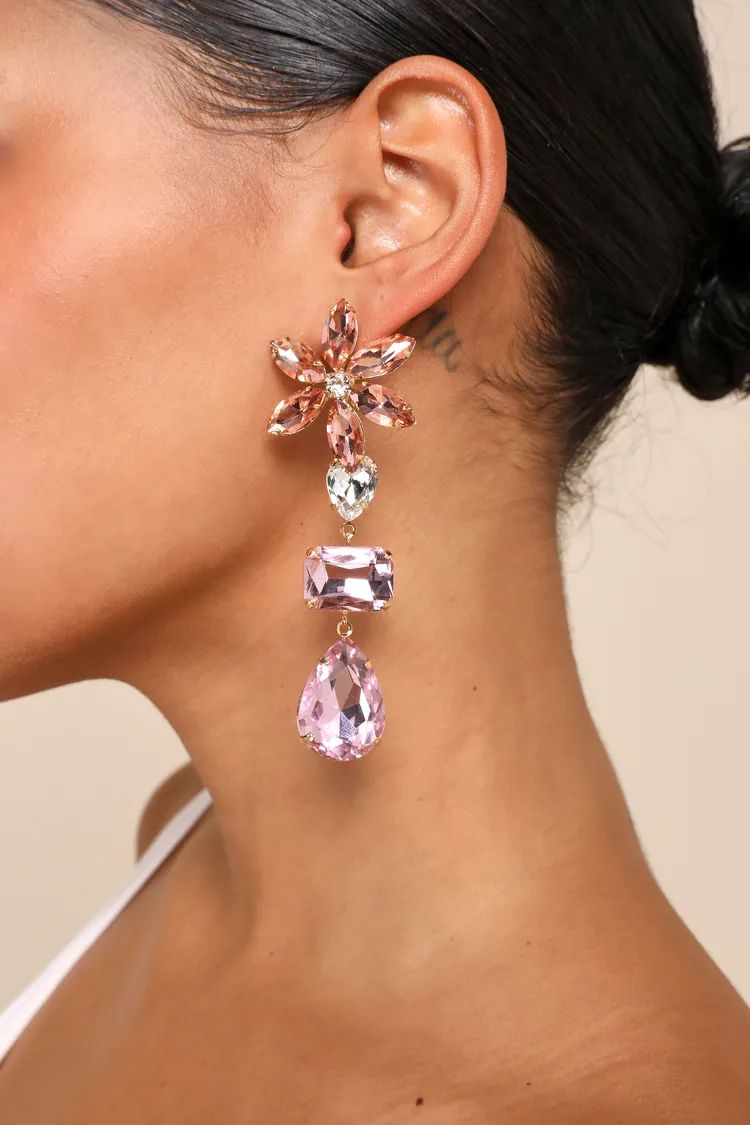 Glittering Blooms Pink Multi Rhinestone Flower Drop Earrings | Lulus