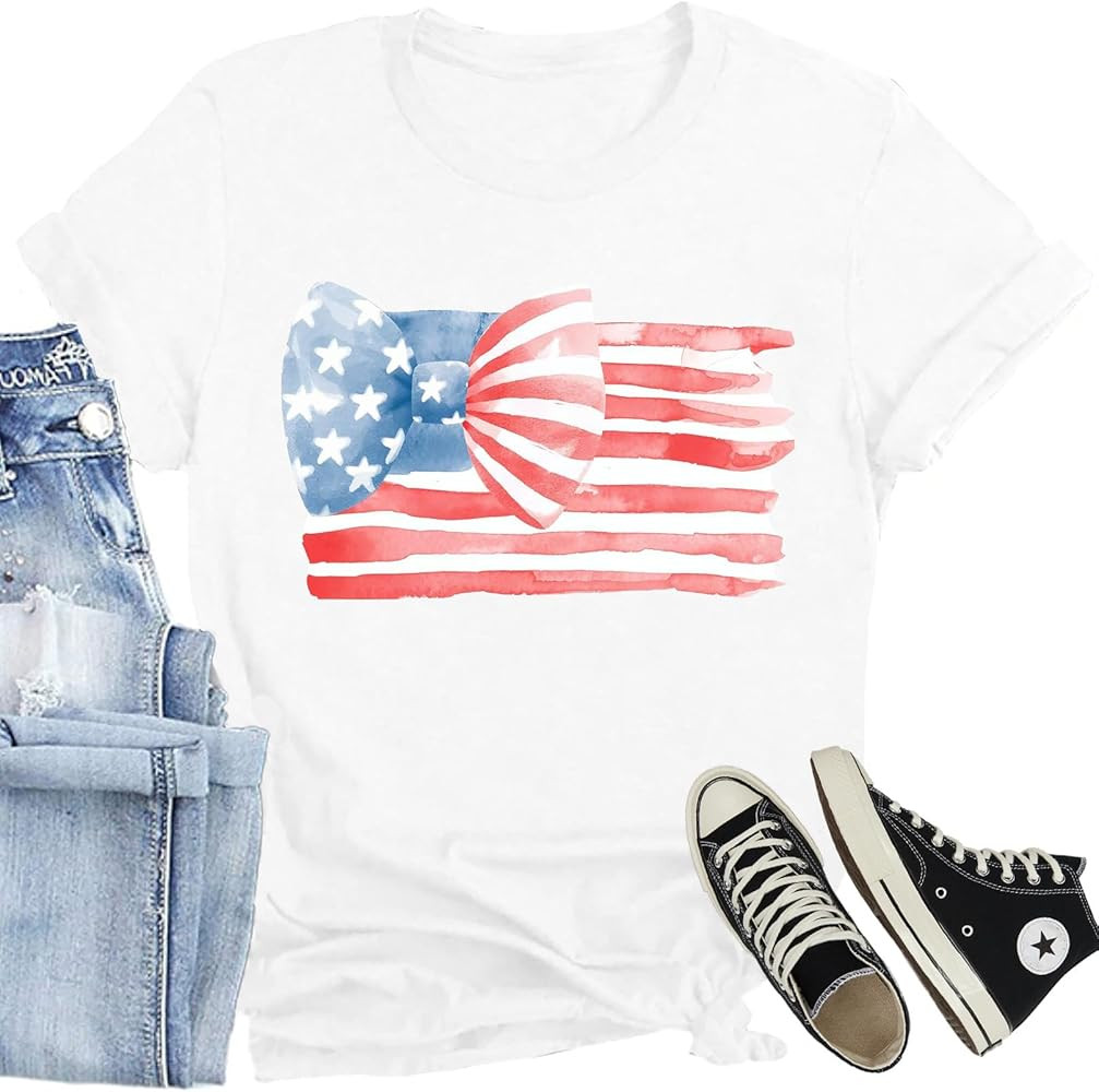 Women American Flag Patriotic T-Shirts Cute USA Bow Flag Shirts Happy 4th of July Tee Tops | Amazon (US)