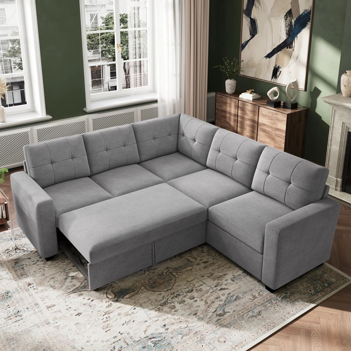 Maximize your living space with this L-shaped corduroy sectional sleeper sofa from Wayfair. Featuring soft corduroy upholstery, a pull-out sleeper bed, spacious chaise lounge, and tufted back cushions, it’s perfect for everyday lounging and overnight guests. Currently 19% off, this multifunctional sectional is ideal for apartments, family rooms, and modern living spaces.