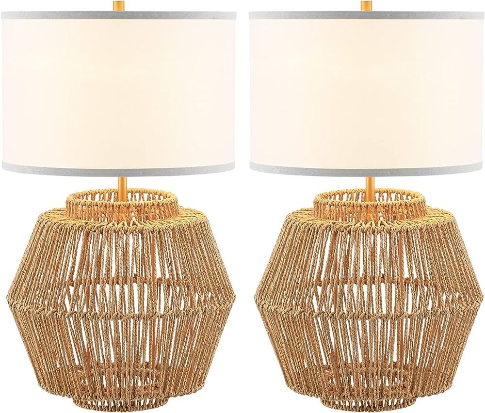 VILUXY Woven Rattan Table Lamp, Hand-Worked Cage Shade Natural Bedside Nightstand Lamp with Cream... | Amazon (US)