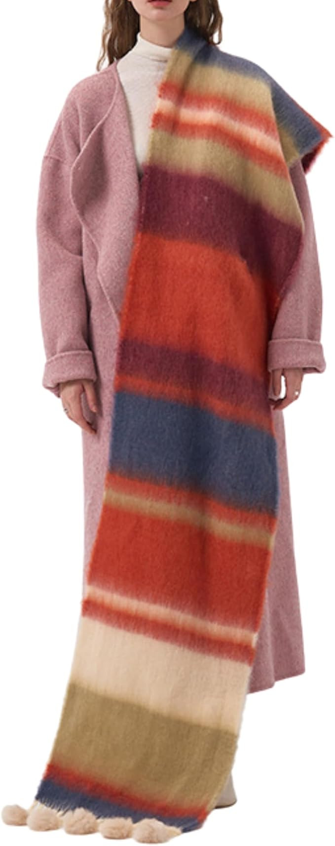 CORIRESHA Women's Rainbow Striped Scarf Soft Winter Warm Thick Shawl Gifts with Pom Pom | Amazon (US)