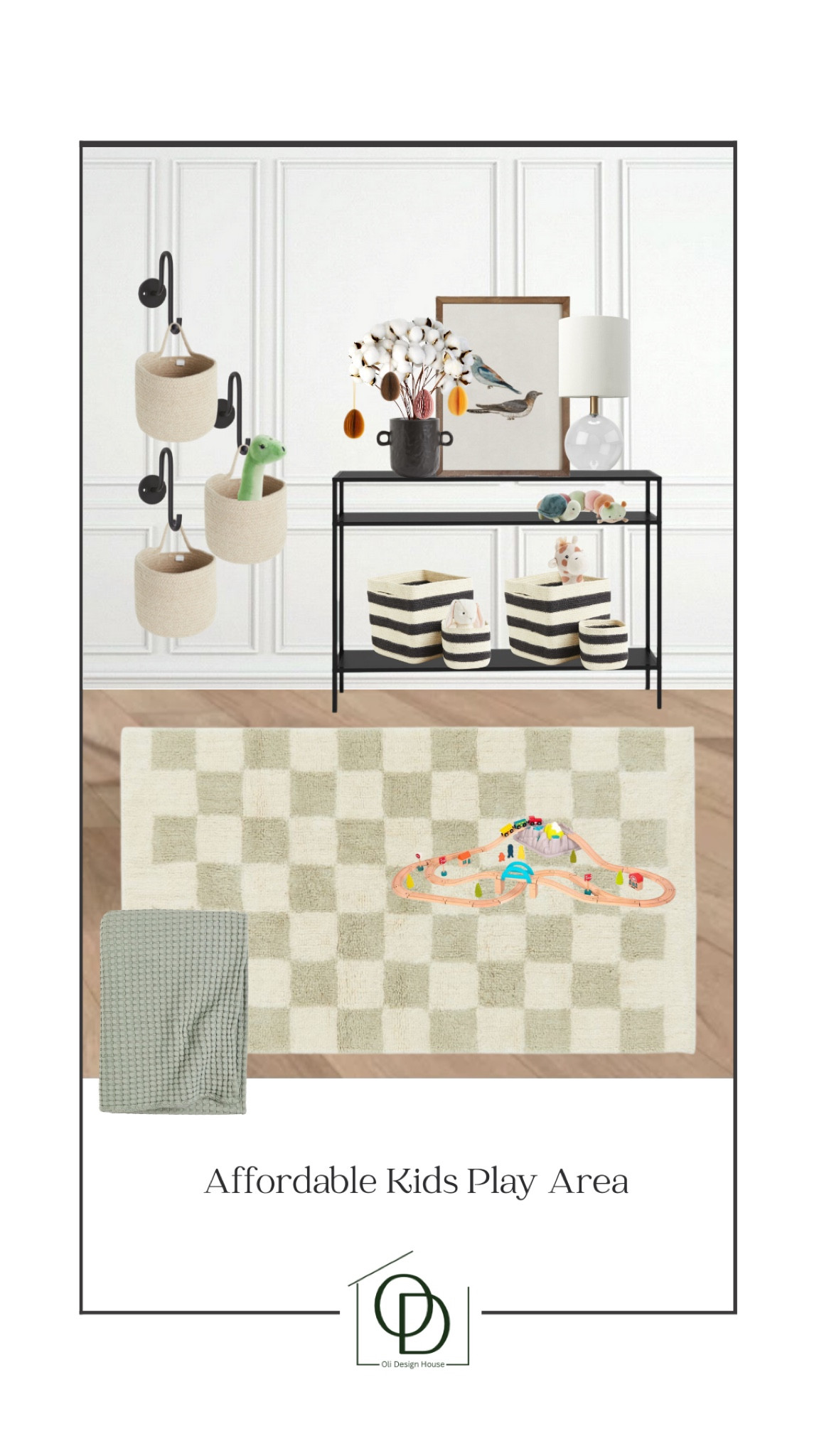 An affordable play space design. Making a play space in your living room or family room is a great way to keep your child close but provide them with their own area to play in. Checkered area rug, metal console table, green waffled blanket, woven hanging storage baskets, black wall hooks, glass mini table lamp, vintage bird art, printable art, black vase, faux stems, Easter decor, paper Easter ornaments, black and white striped storage baskets, toy bunny, classic bunny stuffed animal, dinosaur stuffy, wood train set

#LTKhome #LTKkids #LTKFind