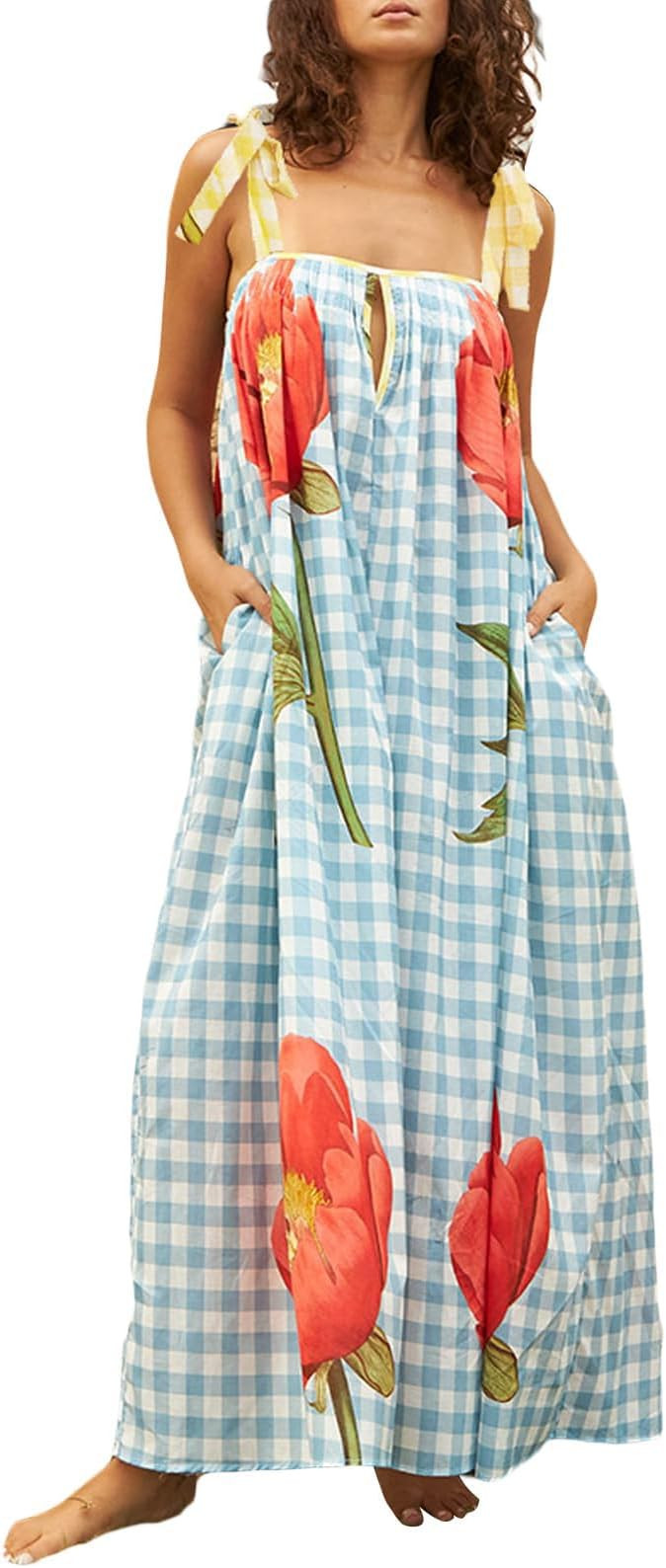 Women Summer Boho Tie Shoulder Dress Y2k Floral Smocked Flowy Shoulder Tie Dress Ruffle Vocation ... | Amazon (US)