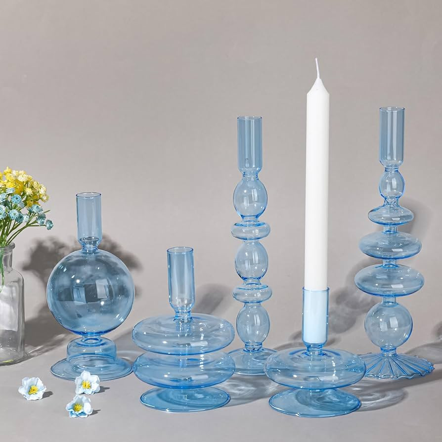 Rtteri 5 Pcs Glass Candlestick Holders Colorful Glass Taper Candle Stand Groovy Candlestick Wavy ... | Amazon (US)