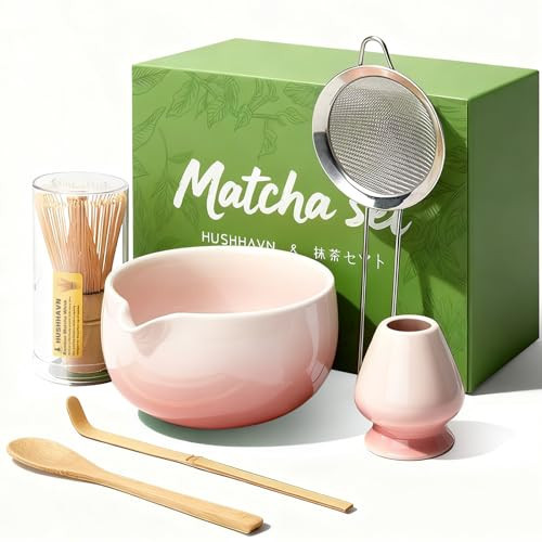 HUSHHAVN Matcha Whisk Set, Ceramic Matcha Set Includes Bowl & Holder, Bamboo Whisk (Chasen), Scoop, Spoon and Sifter, 6PCS Matcha Kit Covers Everything Needed for Making Matcha (Pink) | Amazon (US)
