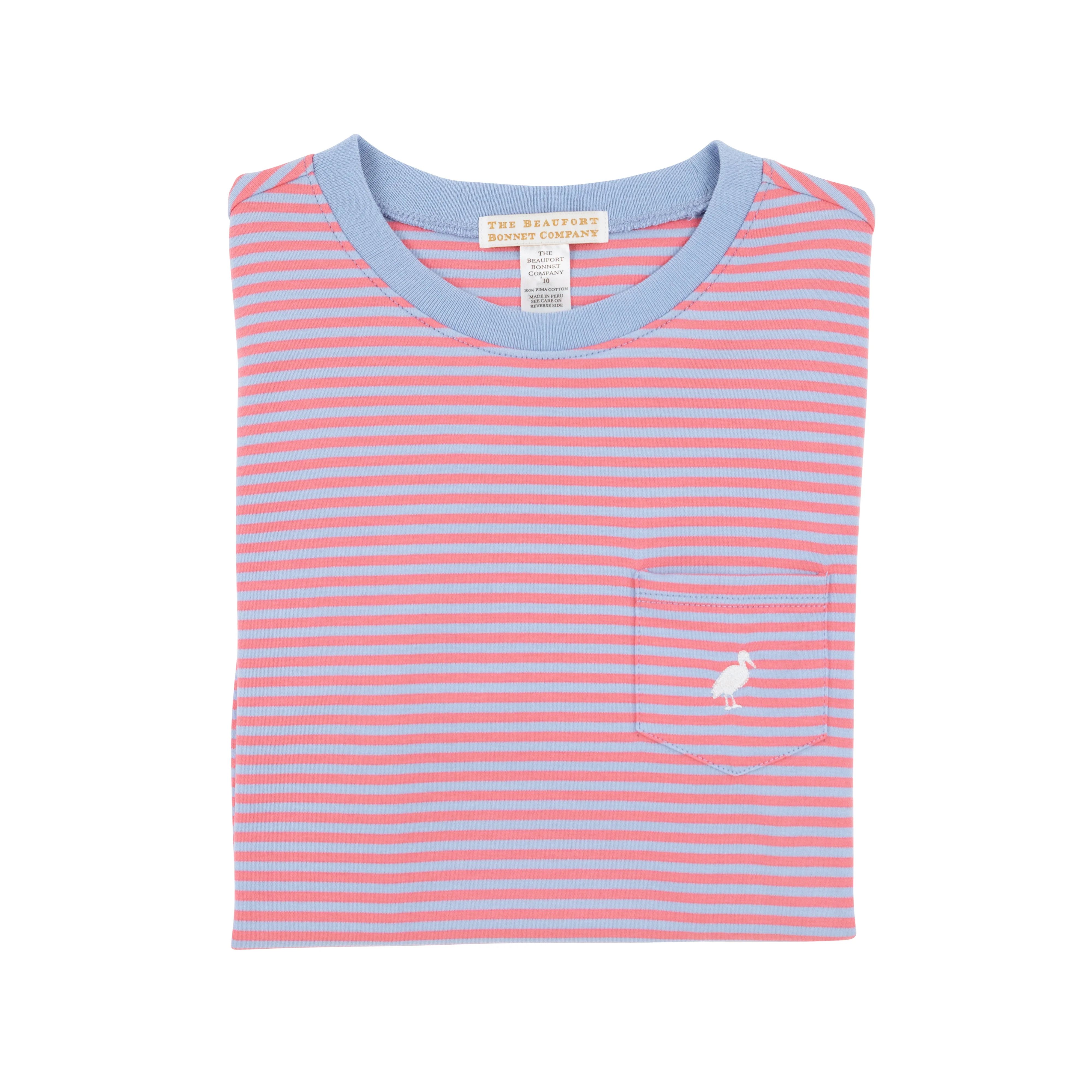 Carter Crewneck - Beale Street Blue & Parrot Cay Coral Stripe with Worth Avenue White Stork | The Beaufort Bonnet Company
