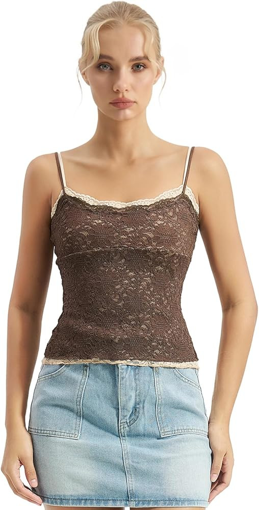 QINSEN Women's Double Layer Lace Camisole Tank Scoop Neck Summer Y2k Going Out Trendy Cami Shirt | Amazon (US)