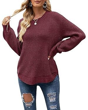 MEROKEETY Women's 2024 Fall Casual Fall Waffle Knit Sweater Long Balloon Sleeve Loose Pullover Ju... | Amazon (US)