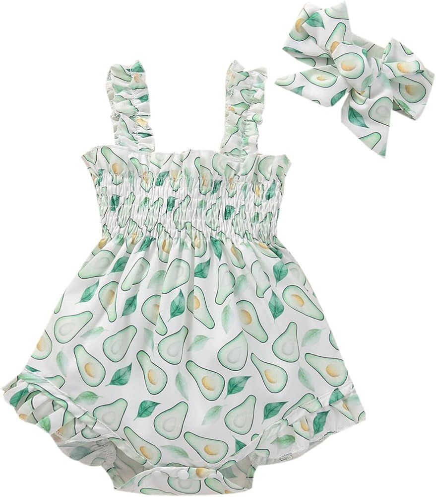 Baby Girls Summer Rompers Princess Newborn Plaid Floral Frill Sling Clothes Jumpsuits Headband Outfi | Amazon (US)