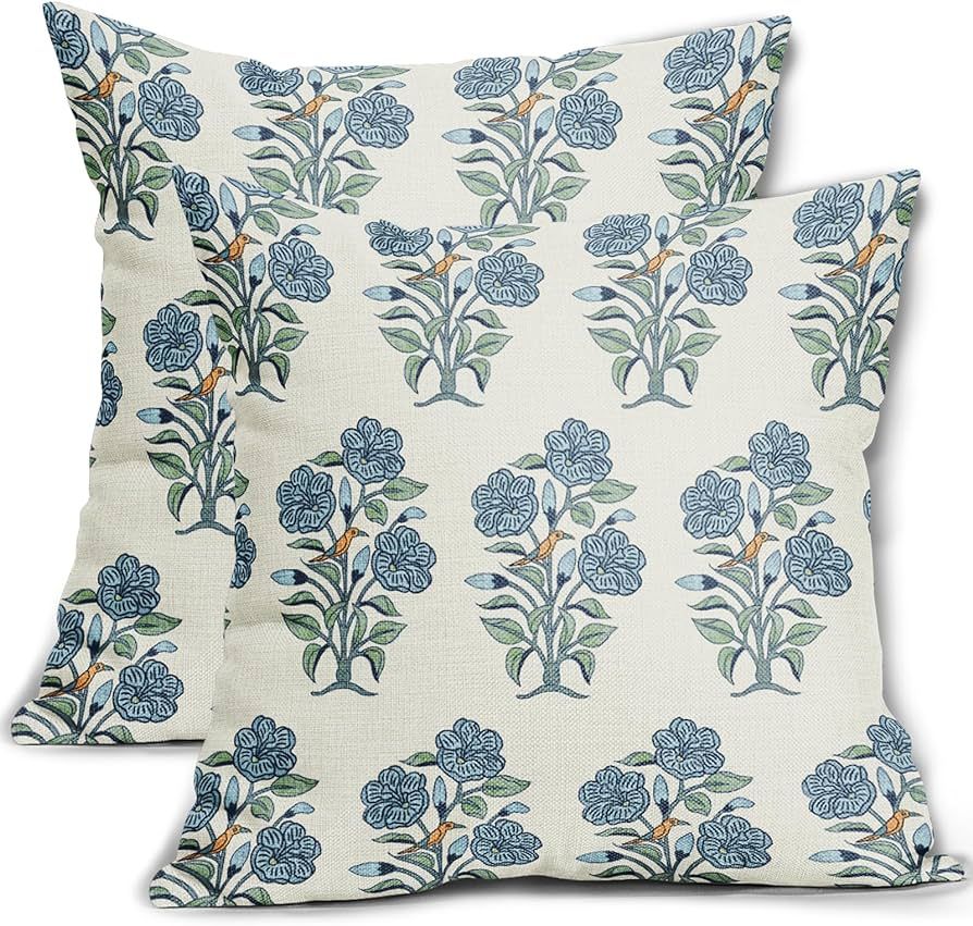 Blue Floral Throw Pillow Covers 20x20 Light Blue Green Chinoiserie Flowers Leaves Birds Decorativ... | Amazon (US)