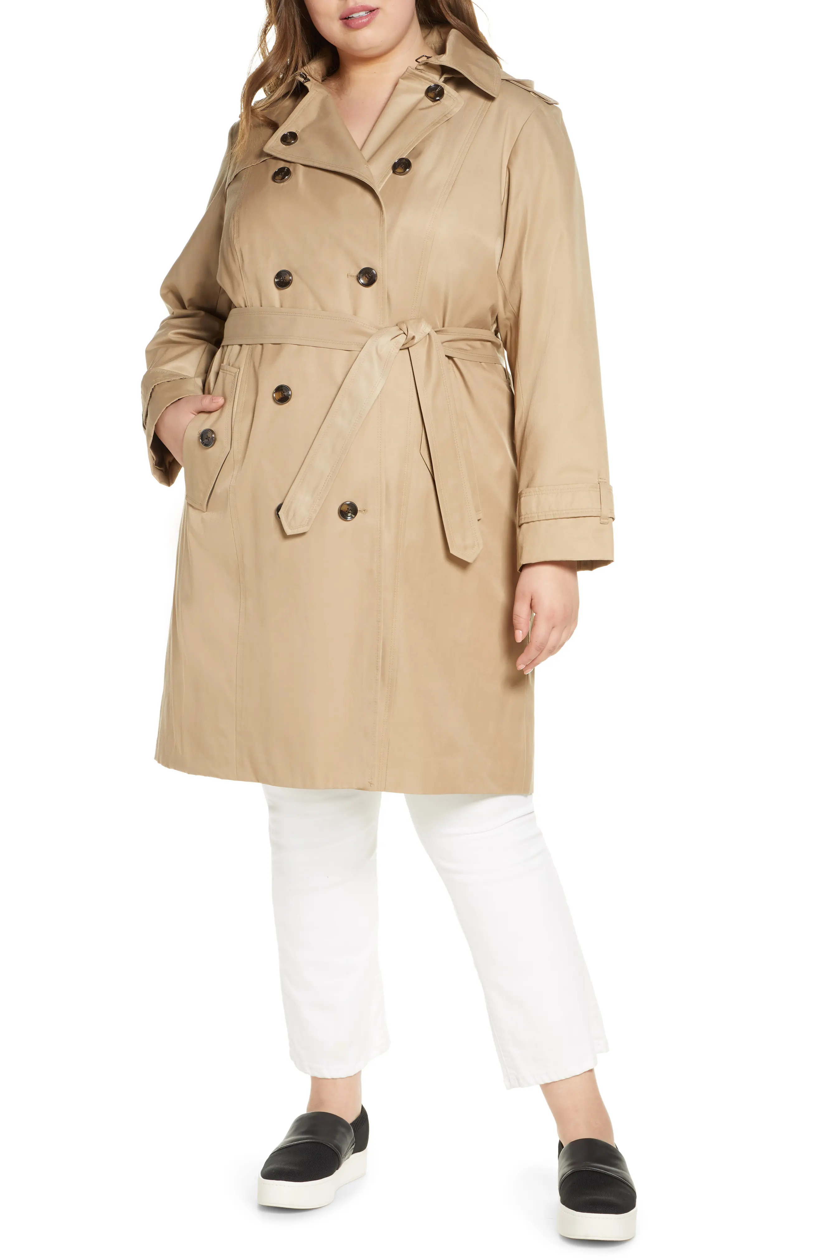 Plus Size Women's London Fog Knee Length Water Repellent Hooded Trench Coat, Size 2X - Beige | Nordstrom
