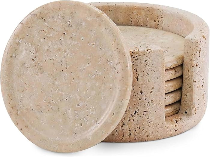 Marble Coasters Set of 6 Round 3.5 Inch Travertine Coaster for Drinks with Holder - Ideal Stone D... | Amazon (US)