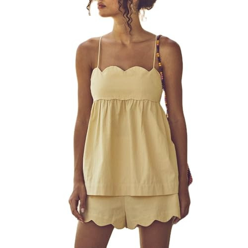 ROAONOCOMO Women 2 Piece Lounge Shorts Set Spaghetti Strap Peplum Cami Top Babydoll Pj Set Casual 2 Piece Pajama Outfit | Amazon (US)