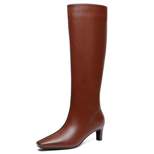 HEIFIN Brown Boots Knee High Boots Women Pointed Square Toe Tall Boots Fashion Faux Leather low kitten Heel Long boots | Amazon (US)
