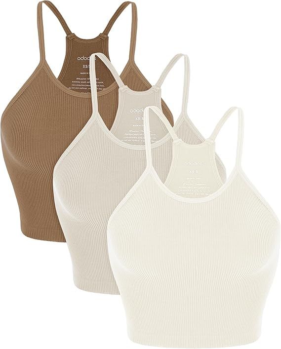 ODODOS Women's Crop 3-Pack Washed Seamless Rib-Knit Camisole Crop Tank Tops | Amazon (US)