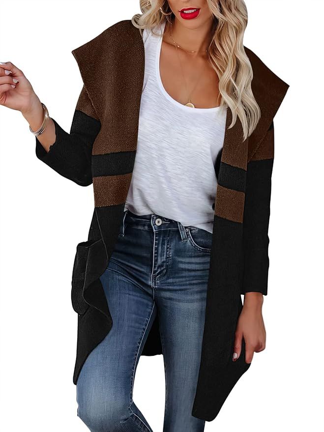 LOGENE Women's Long Sleeve Open Front Colorblock Hoodie Knit Sweater Cardigan Outwear | Amazon (US)