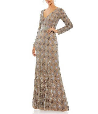 Sequin Plunge V-Neck Long Sleeve Sheath Gown | Dillard's