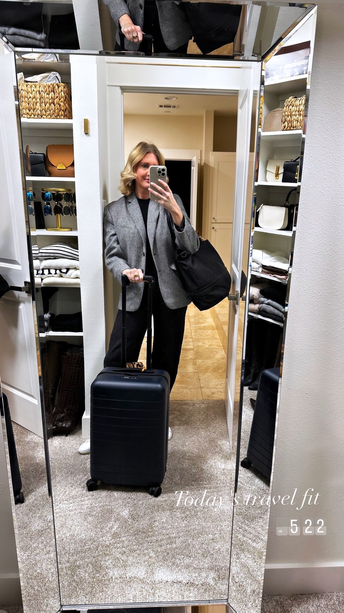 Today's work travel fit: black jeans and blazer rented from RTR. Adidas sneakers, my away suitcase and Lo&sons tote. My favorite layering cashmere T-shirt. Let me know questions in sizing! 

#LTKStyleTip #LTKTravel #LTKWorkwear