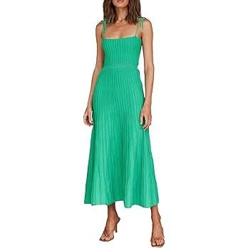 ARTFREE Womens Ribbed Knit Summer Maxi Dresses Tie Straps Square Neck Party Long Dress | Amazon (US)