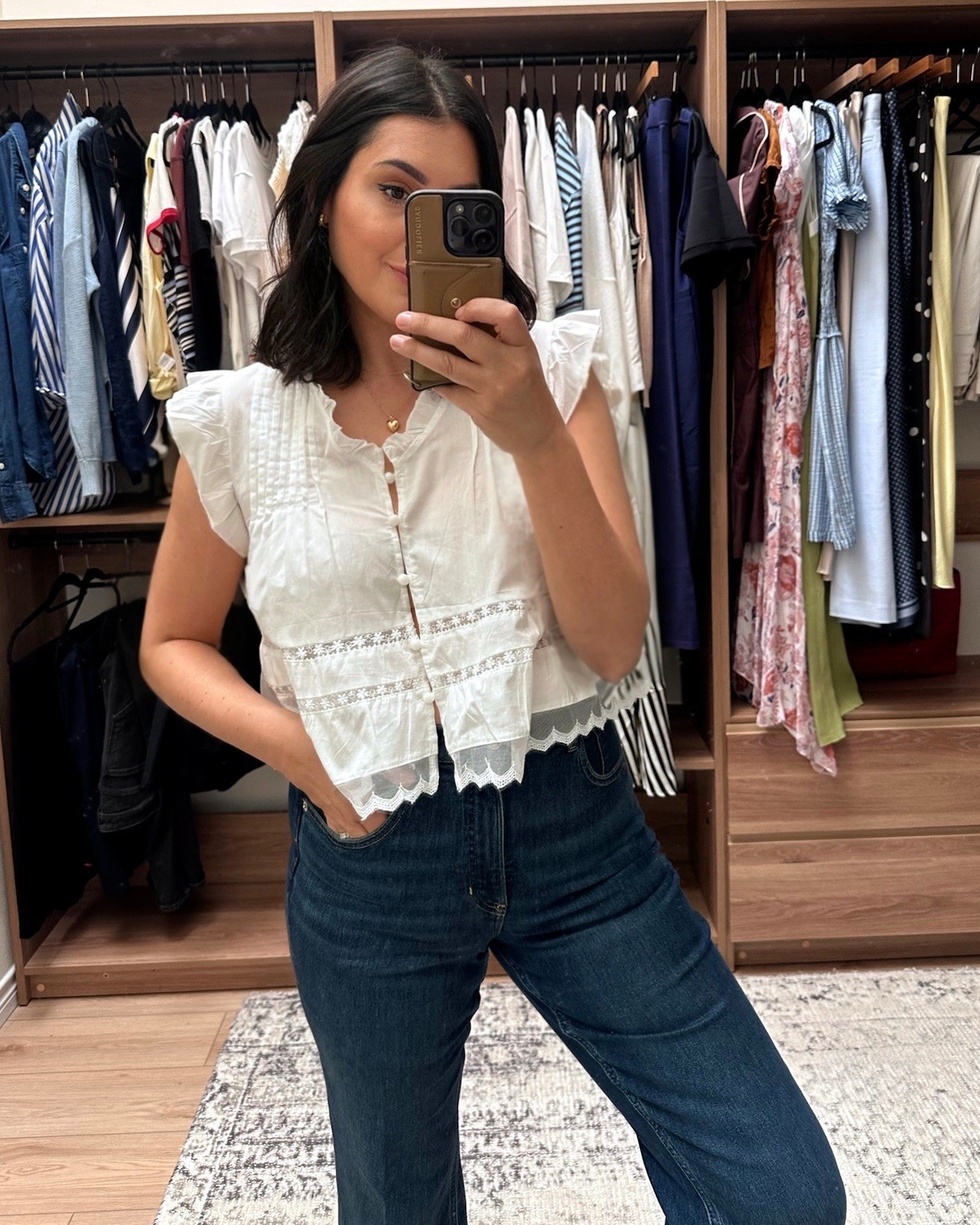 This top is a bit sheer but it does say as much in the description, so there ya go. I can get away with it with a nude bra, though. It runs a big short, this is the large but with high waisted pants it’s just fine. Cute top and I *think* it’s cotton, but I’ll check!
