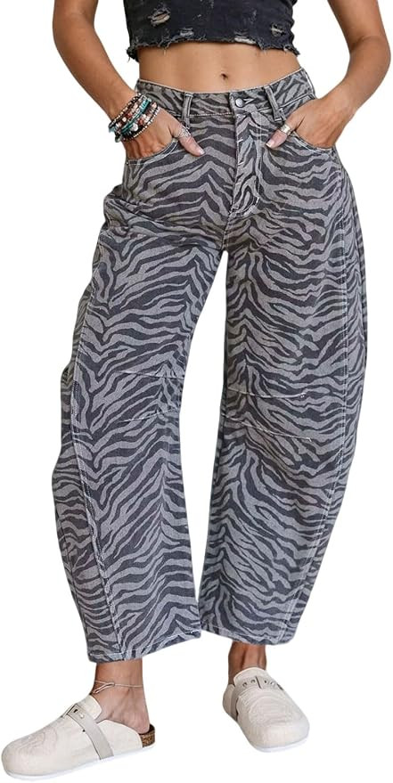 loveimgs Women Baggy Barrel Jeans Sweatpants Zebra Animal Printed Jeans Boyfriend Ankle Denim Wid... | Amazon (US)