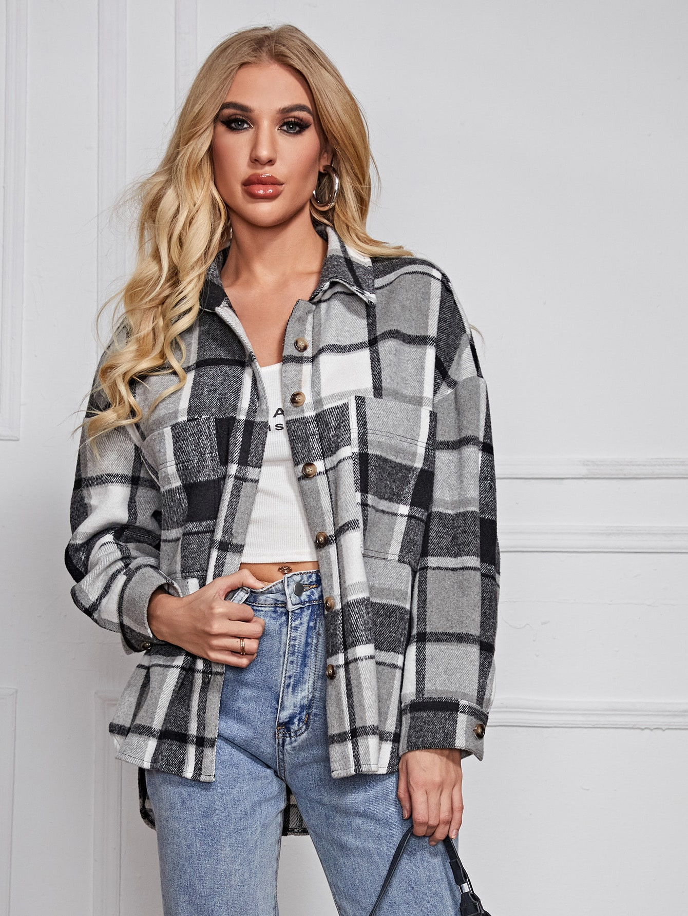 SHEIN Drop Shoulder Curved Hem Plaid Blouse | SHEIN
