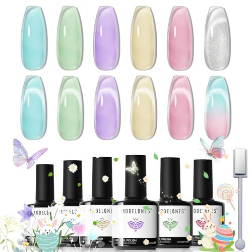 modelones Gel Nail Polish Set, 6 Colors 2026 Spring Easter Silver Cat Eye Gel Polish Translucent Pastel Sheer Pink Yellow Lavender Purple Baby Blue Mint Green Jelly Nail Polish W Magnet LED DIY Gift | Amazon (US)