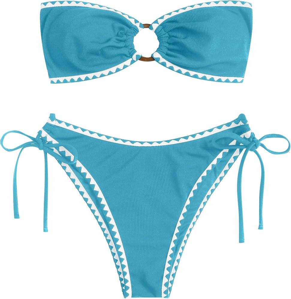 ZAFUL Women's Bandeau Bikini O Ring Strapless Tie Back High Cut Two Piece Swimsuit Bathing Suits | Amazon (US)