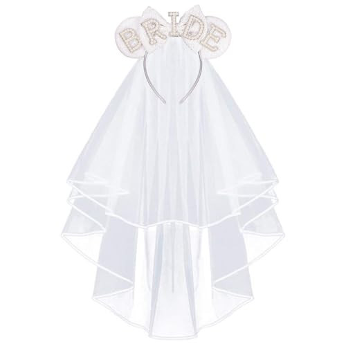 JIAHANG BRIDE To Be Mouse Ear Headband with Bridal Veil, BRIDE Letters Honeymoon Wedding Ears, Bachelorette Party Headpiece for Women Girls (bride) | Amazon (US)