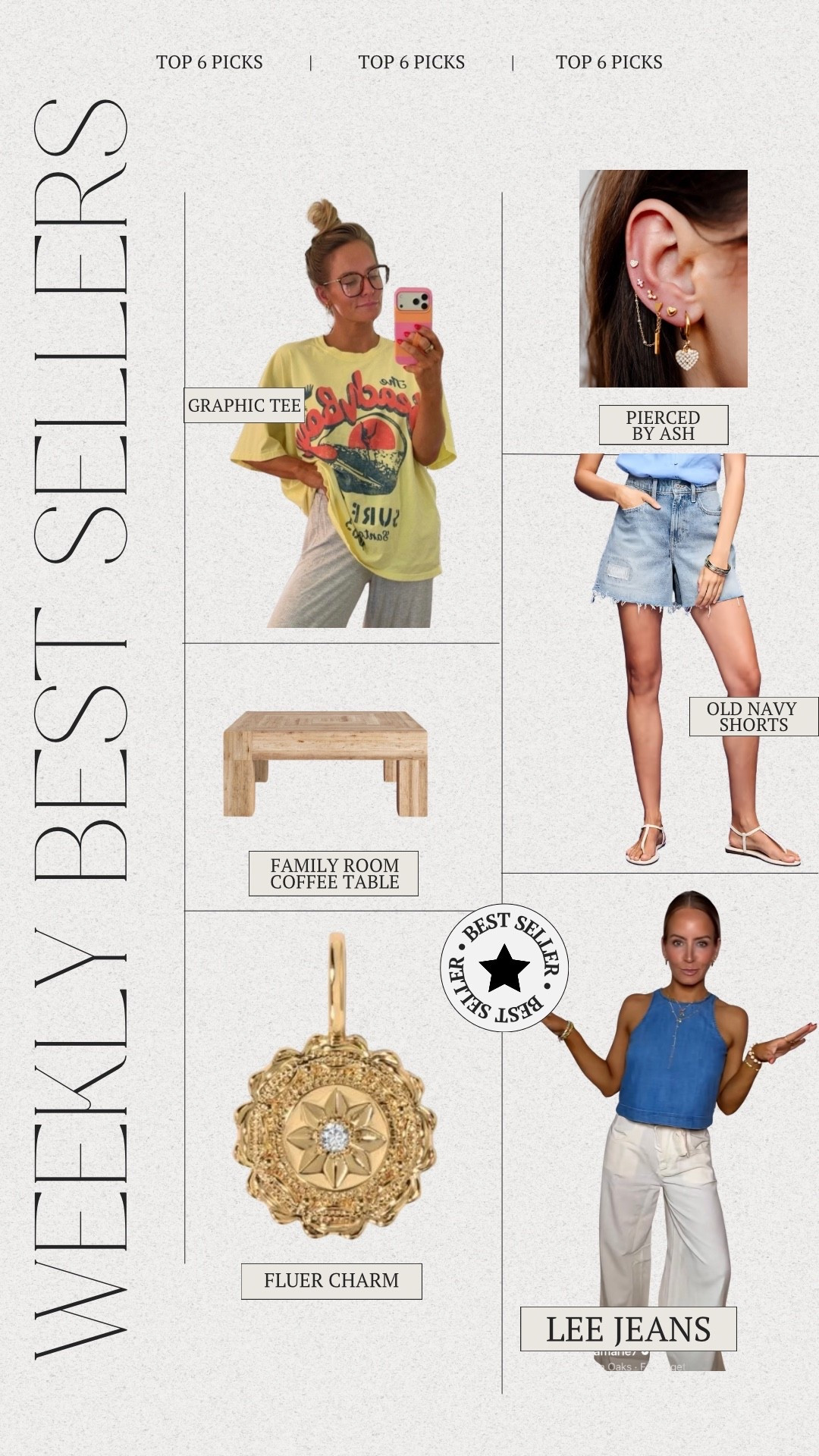 Weekly Top Six Picks:
1. My most favorite graphic tee at the moment
2. Family room coffee table - super solid & versatile 
3. Miranda Frye Fluer Charm - code LOLAMARIE
4. Pierced by Ash connector chain - code LOLAMARIE
5. Old Navy shorts - great length 
6. Lee white denim - perfect for summer - fall!