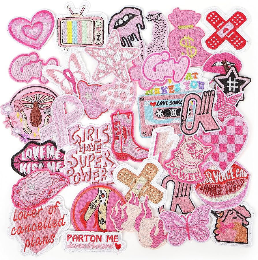 NICEVINYL Embroidered Preppy Iron on Patches: 35PCS Pink Embroidery Sew on Applique Patch for Clo... | Amazon (US)