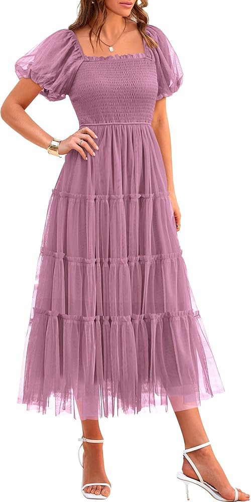 PRETTYGARDEN Women's Smocked Midi Tulle Dress 2026 Summer Puffy Short Sleeve Square Neck Ruffle W... | Amazon (US)