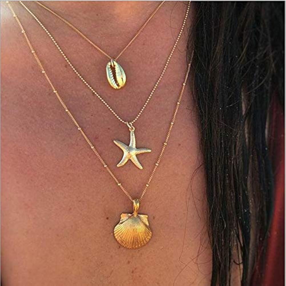 Ckecharfa Boho Layered Starfish Necklaces Gold Scallop Seashell Pendant Necklace Jewelry for Women | Amazon (US)