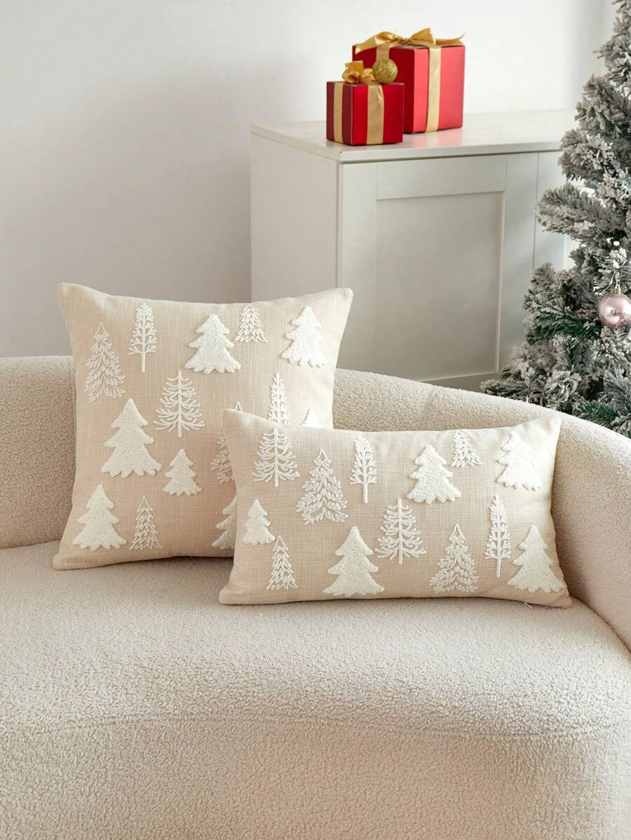 1pc Christmas Beige Color Christmas Tree Embroidered Cushion Cover, For Indoor Decoration, Christ... | SHEIN