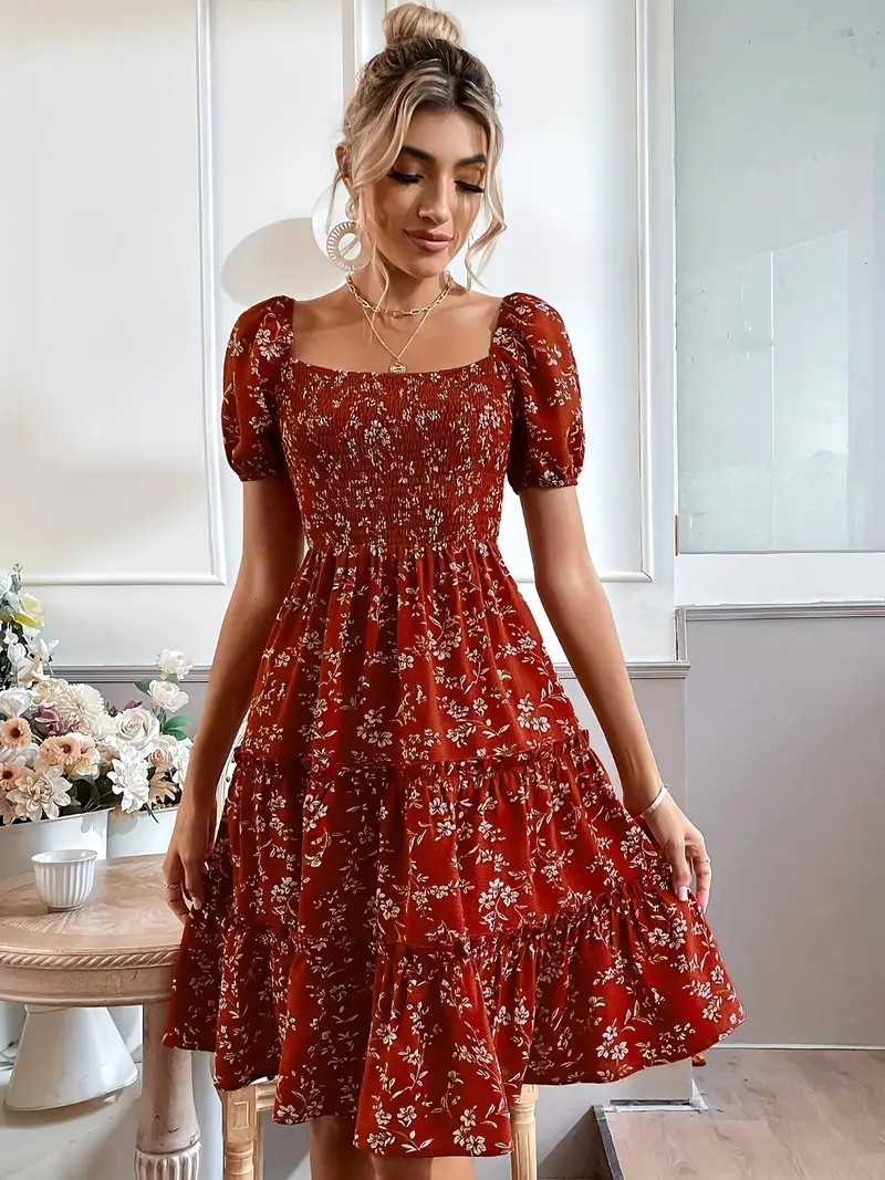 Floral Square Neck Dress Elegant Puff Sleeve Shirred Dress - Temu | Temu Affiliate Program